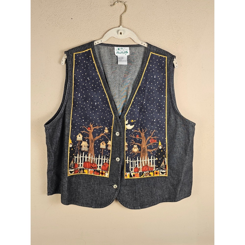 Vintage The Quacker Factory Womens Black Denim Halloween Vest 1X